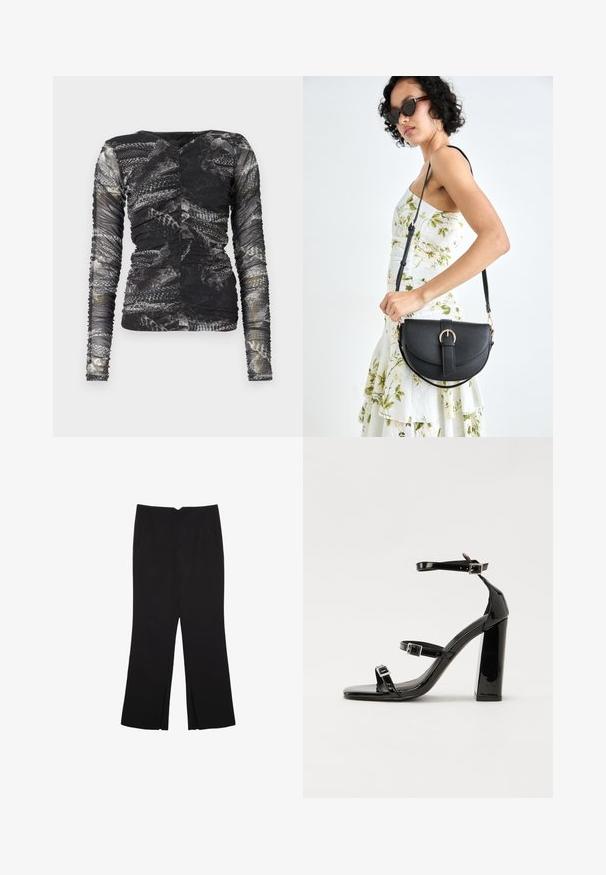 Langærmet top med et sort og gråt slangeskindsprint; lavet af et tekstureret, strækbart materiale med samlinger på siderne.; Sorte bukser med lige pasform, der har frontlommer og slidser i kanten. Lavet af blødt, glat stof. Velegnet til forskellige anledninger.; Sorte patenterede hælsandaler med firkantet tå, ankelremme og sølvspænder. Har en chunky blokHæl for stabilitet.; Sort læderhåndtaske med en buet form, aftagelig rem og guldfinish. Tasken har en klap med en spænde detalje.