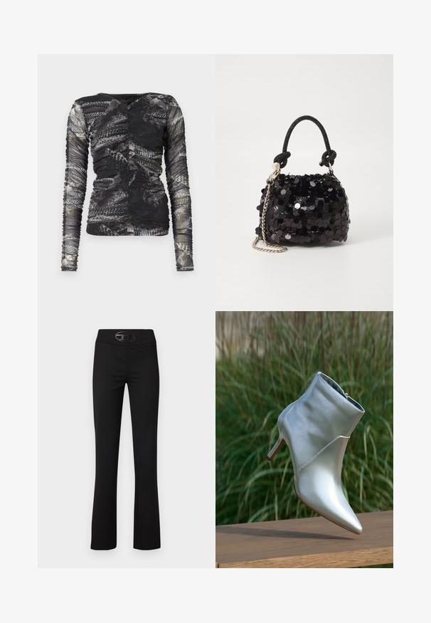 Dlhý rukáv top s čierno-sivým hadím vzorom; vyrobený z textúrovaného, elastického materiálu s nariasením po stranách.; Čierne rozšírené nohavice z hladkého, elastického materiálu. Majú široký pás a lesklý čierny logotypový detail vpredu.; Lesklé strieborné členkové topánky na vysokom podpätku s špicatou špičkou a zipsom, vyvážené na drevenej ploche pred pozadím zelenej trávy.; Čierna mini kabelka so štrasom, s uzlovým textúrovaným popruhom a strieborným reťazom. Guľatý tvar s riaseným vrchom a reflexnými detailmi.