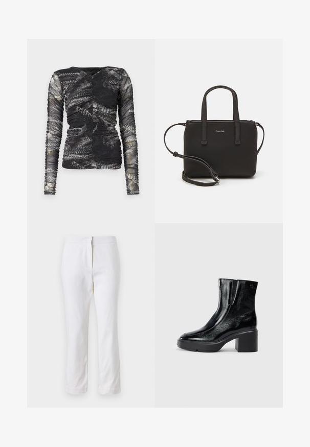 Majica s dolgimi rokavi, ki ima črno-sivo vzorčenje kače; izdelana je iz teksturiranega, raztegljivega materiala z nabranimi detajli na straneh.; Beli bombažne hlače s ravnim krojem, srednje visoko pasom, brez vidnih kovinskih elementov ali vzorcev. Gladka textura po vsej površini.; Črne lakirane gležnjarje z ukrivljenim nosom, elastičnimi stranskimi paneli in debelim blokastim peto. Imajo vtisnjen logotip na zadnjem delu.; Črna torbica z dvema kratkima ročajema in odstranljivim naramnim trakom. Gladek usnju podoben material z zadrgo in podrobnostmi z logotipom.