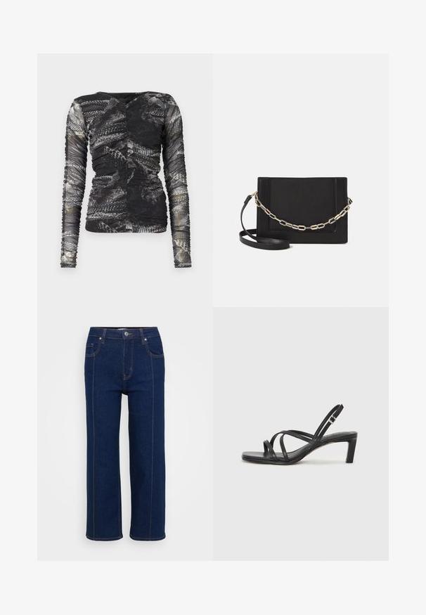 Langarmoberteil mit schwarzem und grauem Schlangenprint; aus einem strukturierten, dehnbaren Material mit gerafften Details an den Seiten.; Dunkelblaue gerade Jeans mit Knopfverschluss, vorderen und hinteren Taschen sowie sichtbaren orangefarbenen Nähten entlang der Nähte.; Schwarze Sandale mit Riemchen, quadratischer Zehenform und niedrigem Blockabsatz. Verfügt über mehrere dünne Riemen und einen verstellbaren Knöchelriemen. Hergestellt aus glattem Leder.; Schwarze Leder-Crossbody-Tasche mit glatter Textur, rechteckiger Form und metallic-kettendetail auf der Vorderseite. Verstellbarer Gurt inklusive.