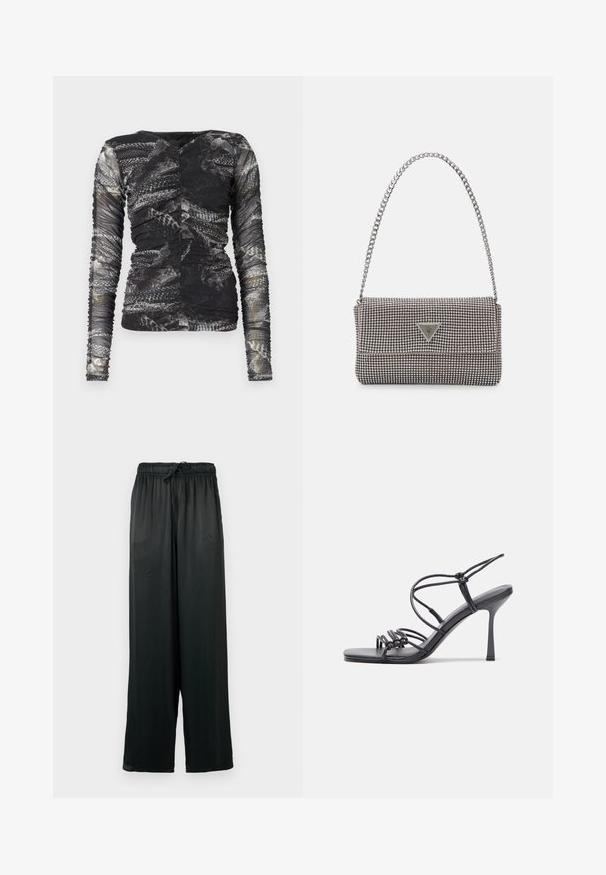 Ilgų rankovių marškinėliai su juodos ir pilkos spalvos gyvatės raštu; pagaminti iš tekstūruoto, elastingo audinio, su surinkimo detalėmis šonuose.; Juodos plačios kelnės, pagamintos iš lygaus audinio, su elastingu juosmeniu ir raišteliu. Paprastas, minimalistinis dizainas.; Juodos aukštakulnės sandalai pasižymi plonyčiais dirželiais su mazgo dizainu, lygiu kvadratiniu pirštu ir elegantišku stiletto kulnu.; Šviesiai pilka metalinė rankinė su grandinėlės dirželiu, papuošta mažais apvaliais metaliniais smeigėmis ir trikampiu prekės ženklu.; Sidabrinės auskarai žiedai su lygiu, blizgiu paviršiumi. Suapvalinta forma, lengvas dizainas, su uždarymu ant smeigtuko.