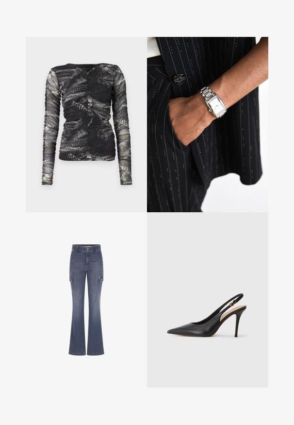 Top a maniche lunghe con stampa di serpente nera e grigia; realizzato in un materiale testurizzato e elasticizzato con dettagli arricciati sui lati.; Pantaloni cargo in denim blu con un design a gamba svasata, chiusura anteriore con bottone e due tasche laterali. Texture liscia con dettagli di cucitura visibili.; Scarpa con tacco alto a punta in pelle nera, con una texture liscia e un delicato cinturino con una fibbia metallica.; Orologio rettangolare argento con un quadrante elegante e accenti simili a diamanti su un bracciale in metallo a maglie, indossato con un completo a righe nere.