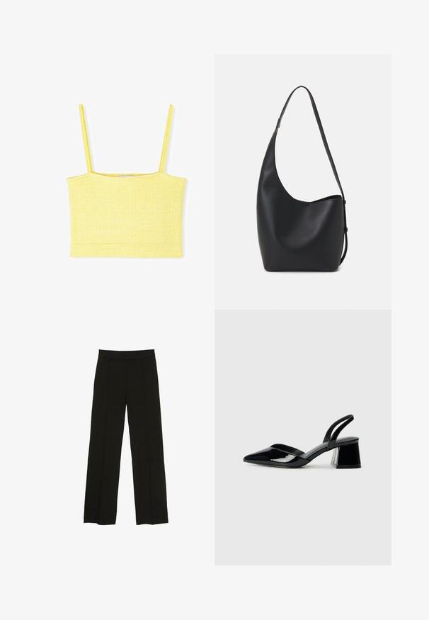 Gelbes, kürzeres Tanktop mit dünnen Trägern, strukturiertem Stoff und geradem Ausschnitt. Besitzt eine figurnahe Passform und einen sauberen Saum.; Schwarze weit geschnittene Hosen aus glattem Stoff, ausgestattet mit einem taillierten Bund und dezenten vorderen Falten für zusätzliche Struktur.; Schwarze Lackleder-Slingback-High Heels mit spitzem Schuh und einem geometrischen Blockabsatz. Verfügt über ein schlankes, minimalistisches Design und eine glatte Textur.; Schwarze Leder-Hobo-Tasche mit einer glatten Textur, geschwungener Form und einem einzelnen verstellbaren Tragegurt; verfügt über eine weite Öffnung am oberen Ende.