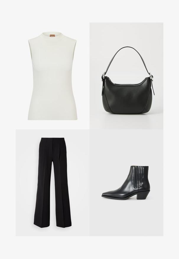 Witte, mouwloze top met een hoge halslijn, met een geribbeld textuur en een getailleerd ontwerp. Merkenlabel "BOSS" zichtbaar op de kraag.; Zwarte broeken van soepele stof, met een hoge taille, wijde pijpen en twee plooien aan de voorkant voor extra ontwerpelementen.; Zwarte leren enkellaars met spitse neus, elastische zijpanelen met verticale groeven en een lage blokhak. Glad oppervlak en slank ontwerp.; Zwarte leren handtas met een gebogen vorm, zilveren rits en een korte handgreep. Bevat een subtiel logo aan de voorkant en een gladde textuur.