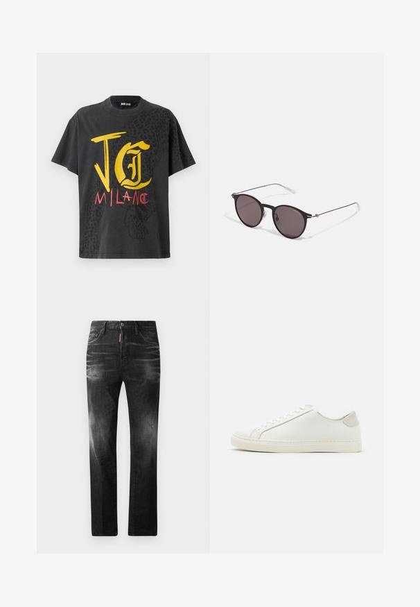 Black short-sleeve t-shirt featuring yellow and red graphic text "JG MILAN" and a leopard print design on one side. Cotton material.; Black denim jeans with a straight fit. Features faded areas, minor distressing, classic five-pocket design, and a button closure.; White leather sneaker with a smooth surface, round toe, and minimalistic design. Features beige accents on the heel and a rubber sole.; Black round sunglasses with dark lenses and slim metal arms. Includes clear temple tips and silver accents at the hinge. Minimalist design.