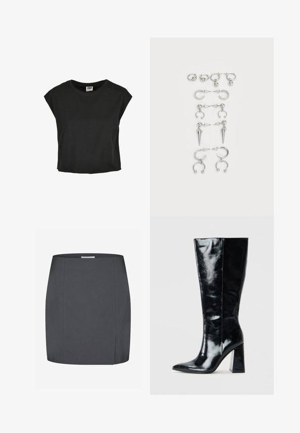 Sort bomulds T-shirt med korte, dropped ærmer, rund halsudskæring og en løs pasform. Glat tekstur og cropped længde.; Envii SPLIT - Pencil skirt - grey; Sorte knæhøje støvler lavet af blank læder, med spidse tå og en chunky geometrisk hæl med en glat tekstur.; Sæt med sølvøreringe med forskellige designs: hoops, studs og hængende stilarter, med kugleaccenter og spidse elementer.