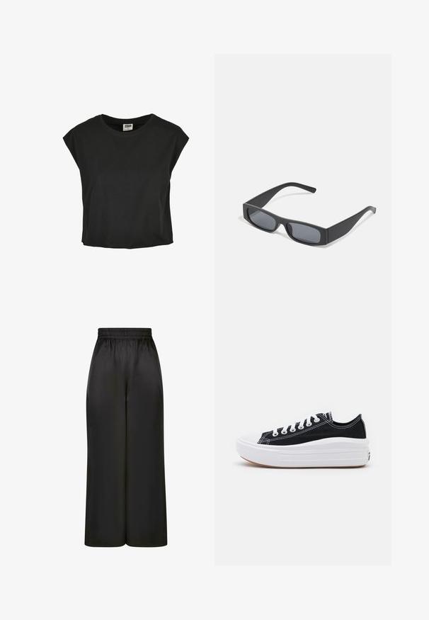 Černé bavlněné tričko s krátkými, spadlými rukávy, kulatým výstřihem a volným střihem. Hladká textura a zkrácená délka.; Černé široké kalhoty vyrobené z hladké, lesklé látky, s elastickým pasem bez viditelných kapes nebo kovových detailů.; Černé plátěné tenisky s bílými tkaničkami, bílým gumovým špičkovým krytem a masivní bílou střední podrážkou. Mají jemné bílé švy a gumovou podešev.; Černé obdélníkové sluneční brýle s tmavými skly a tlustými matnými rámy. Stranice jsou mírně zúžené s hladkým povrchem.