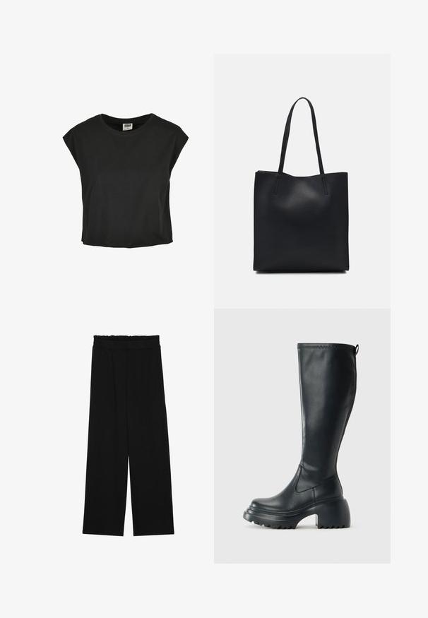 Must mustaga T-särk lühikeste, madalate varrukatega, ümmarguse kaelusega ja laia lõikega. Sile tekstuur ja lühike pikkus.; Mustad laiad püksid rüüstatud vöökohtadega, millel on kaks küljetaskut ja ühetaoline, kerge kangas. Ilma nähtavate mustrite või seadmeteeta.; Kõrge must nahksaapad, millel on massiivne platvormi tald ja blokk-kand, varustatud tõmbenööriga ja tekstuuriga väljatõmbejääk.; Mustast nahast kott sujuva tekstuuriga, ristkülikukujuline ja kahe pika sangaga. Pole nähtavat riistvara ega kaunistusi.