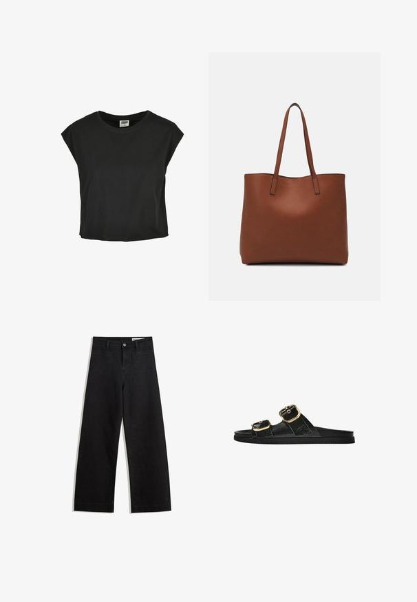 Zwarte katoenen T-shirt met korte, verlaagde mouwen, ronde halslijn en een losse pasvorm. Gladde textuur en cropped lengte.; Zwarte denim broek met wijde pijpen en een hoge taille, voorzien van voor- en achterzakken, gestikte naden en een knoopsluiting. Gladde textuur.; Zwarte slipper met twee gouden gesps, gladde textuur, platte zool en een minimalistisch ontwerp.; Bruine leren tote bag met een gladde textuur, een ontwerp met een open bovenkant en twee schouderbanden. Kenmerkt zich door minimale stiksels en geen zichtbare hardware.