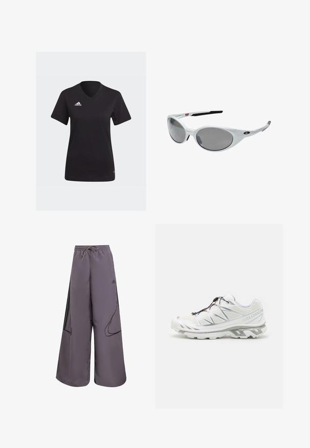 Maglietta Adidas nera con scollatura a V, maniche corte e logo bianco sulla parte sinistra del petto. Realizzata in tessuto morbido.; Pantaloni larghi viola realizzati in tessuto leggero, con vita regolabile, tasche laterali, dettagli neri e logo.; Scarpa sportiva bianca con upper testurizzato, dettagli riflettenti e suola grigia. Presenta motivi triangolari accentuati e un sistema di lacci rapidi.; Occhiali da sole bianchi in plastica con grandi lenti ovali, leggermente grigie. Presentano gommature nere sulle orecchie e un piccolo logo sulla montatura. Finitura liscia.