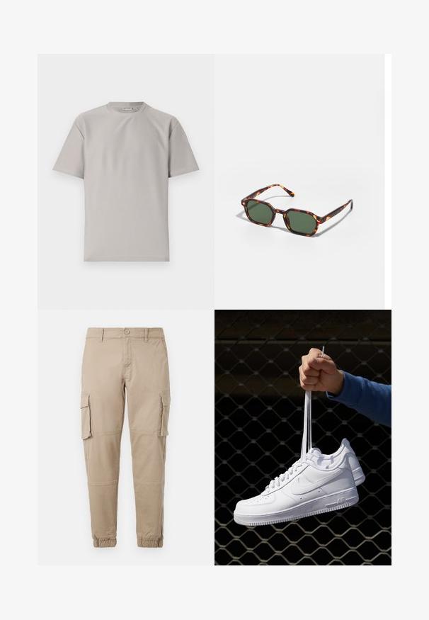Heledad hall t-särk, ümmarguse kaeluse ja lühikeste varrukatega. Omab pehmet tekstuuri ja puhtat disaini, sobib igapäeva kandmiseks.; Beežid cargo-püksid kergest puuvillaste materjalist. Omab elastseid varrukatükke, mitmeid külgpocket'ite ja nööbiga sulgemist.; Valged nahast tennisetossud, millel on perforatsioonid, ümar nina, lame tallus ja paksud nöörid, nähtava swooshi logoga ja "AIR" kontsadel.; Kilpkonnakuju prillid roheliste läätsega, millel on kaheksanurkne kuju ja kitsad, kaarduvad varred. Materjalil on läikiv viimistlus.