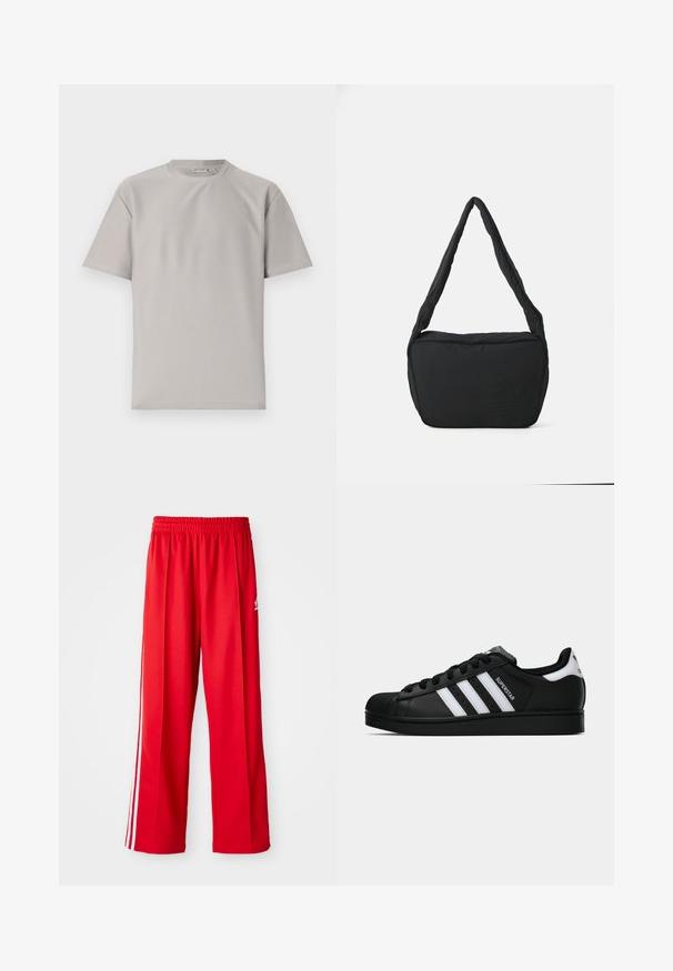 Light gray ribbed t-shirt with a round neckline and short sleeves. Features a soft texture and clean design, suitable for casual wear.; Red athletic pants made of lightweight fabric, featuring an elastic waistband, two white side stripes, and a small logo on the hip.; Black Adidas Superstar sneaker with white stripes, shell toe, and "Superstar" text on side, shown in side profile on white background.; Black shoulder bag with a padded texture, a rounded shape, and a wide strap, featuring an embossed logo on the front.