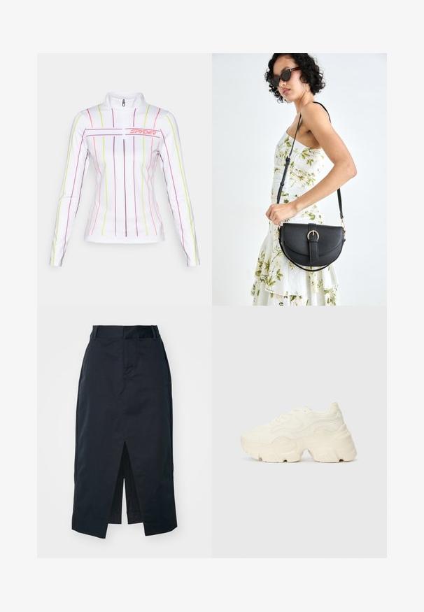 Vit långärmad träningsöverdel med en halvdragkedja, prydd med vertikala flerfärgade ränder i rosa, lila och neon-gult.; Mörk marinblå midiklänning i bomullsmix, med en framficka, dold dragkedja och sidofickor för funktionalitet.; Tjocka vita sneakers gjorda av texturerat mesh och syntetiska material, med en tjock sula och intrikata mönsterdetaljer längs sidorna.; Svart läderhandväska med en böjd form, avtagbar rem och guldiga detaljer. Väskan har ett lock med en spänndetalj.