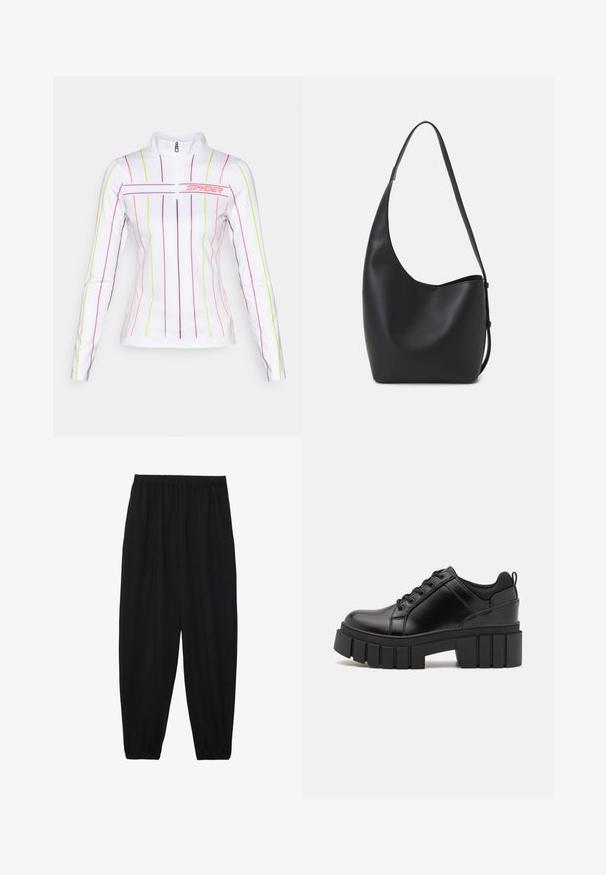 White long-sleeve athletic top with a half-zip, featuring vertical multi-colored stripes in pink, purple, and neon yellow.; Black, lightweight pants with an elastic waistband and gathered ankles. The fabric is smooth and features a relaxed, tapered design.; Black leather platform shoes with a chunky block heel, round toe, and traditional lace-up design. Features smooth texture and minimal detailing.; Black leather hobo bag with a smooth texture, curved shape, and single adjustable strap; features a wide opening at the top.