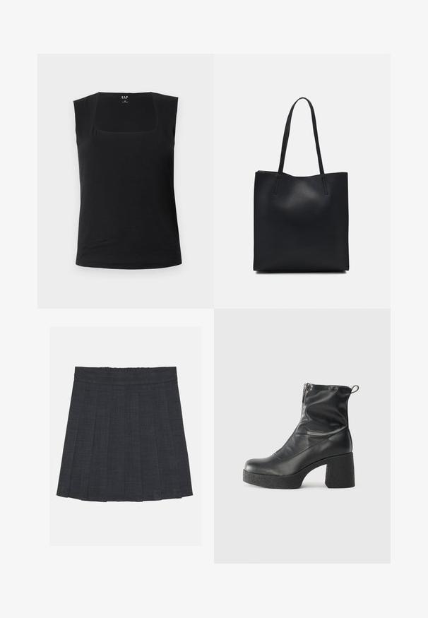 Musta ilmanhihaista ykköstä neliömäisellä pääntiellä. Valmistettu pehmeästä kankaasta, siinä on vartalonmyötäinen siluetti ja sileä rakenne, joka sopii kerrospukeutumiseen.; Tummanharmaa laskostettu hame, jossa on joustava vyötärö, teksturoitu kangas ja klassinen A-linjainen siluetti. Sopii arkikäyttöön.; Mustat nilkkurit, jotka on valmistettu sileästä nahasta. Niissä on sivuvetoketju, paksu teksturoitu korko ja pyöristetty kärki.; Mustapahkainen kangaskassi, jossa on sileä pinta, suorakaiteen muotoinen ja kaksi pitkää kahvaa. Ei näkyvää metalliosaa tai koristeita.