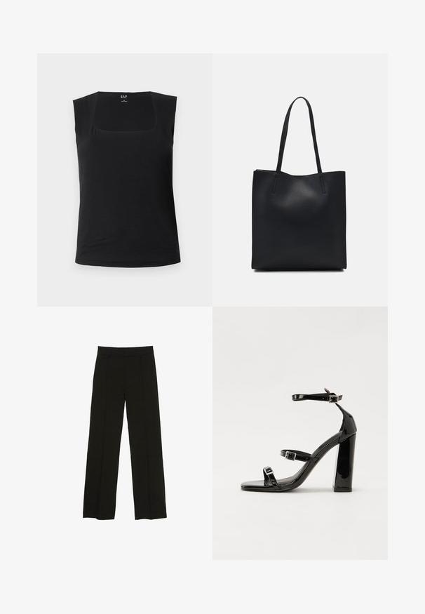 Schwarzes ärmelloses Oberteil mit quadratischem Ausschnitt. Hergestellt aus weichem Stoff, zeichnet es sich durch eine taillierte Silhouette und eine glatte Textur aus, die sich gut für das Schichten eignet.; Schwarze weit geschnittene Hosen aus glattem Stoff, ausgestattet mit einem taillierten Bund und dezenten vorderen Falten für zusätzliche Struktur.; Schwarze patentierte Sandalen mit Absatz, quadratischer Spitze, Knöchelriemen und silbernen Schnallen. Mit einem stabilen Blockabsatz für mehr Stabilität.; Schwarze Laptoptasche aus Leder mit glatter Textur, rechteckiger Form und zwei langen Griffen. Keine sichtbaren Beschläge oder Verzierungen.