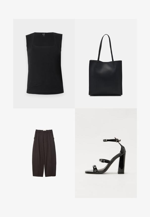 Crni top bez rukava s kvadratnim izrezom. Izrađen od mekog materijala, ima usku siluetu i glatku teksturu, pogodnu za slojevito oblačenje.; Crne široke hlače napravljene od glatke tkanine, s visokim strukom, prednjim nabranjima i bočnim džepovima. Jednostavan dizajn bez ukrasa.; Crne lakirane sandale na pete sa kvadratnim nosom, trakama oko gležnja i srebrnim kopčama. Imaju čvrst blok petu za stabilnost.; Crna kožna torba za nošenje s glatkom teksturom, pravokutnim oblikom i dvije duge ručke. Nema vidljivih metalnih dijelova ili ukrasa.