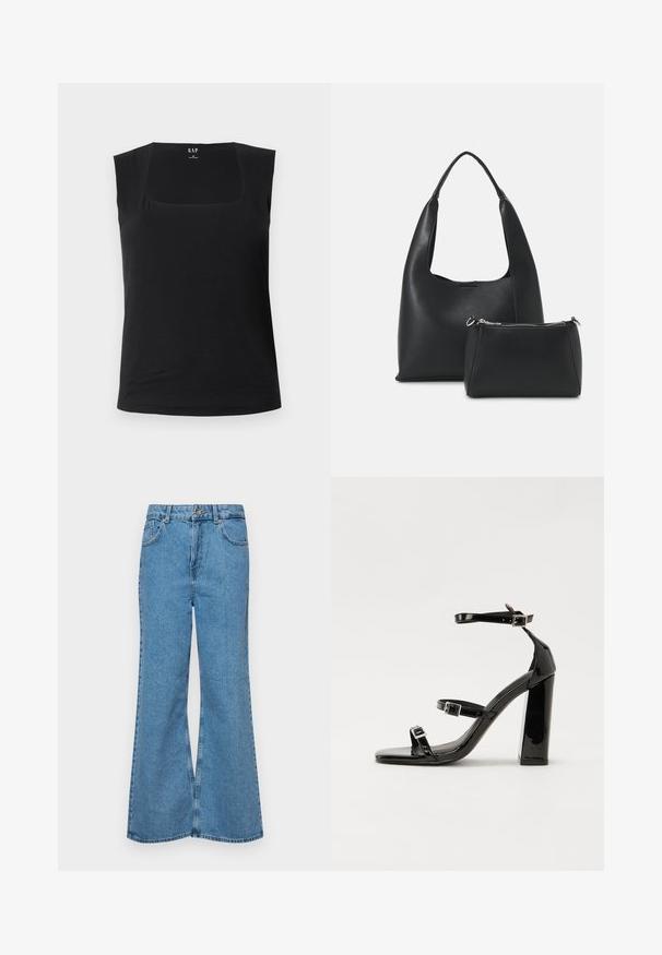 Zwarte mouwloze top met een vierkante halslijn. Gemaakt van zachte stof, het heeft een getailleerde pasvorm en een gladde textuur, geschikt voor het lagen van kleding.; Lichtblauwe flared jeans van denim, met een hoge taille, vijf zakken en een enkele knoopsluiting. Zachte textuur met een vervaagde afwerking.; Zwarte gepatenteerde sandalen met hak en een vierkante neus, enkelbandjes en zilveren gespen. Heeft een stevige blokhak voor stabiliteit.; Even&Odd Handtas - black