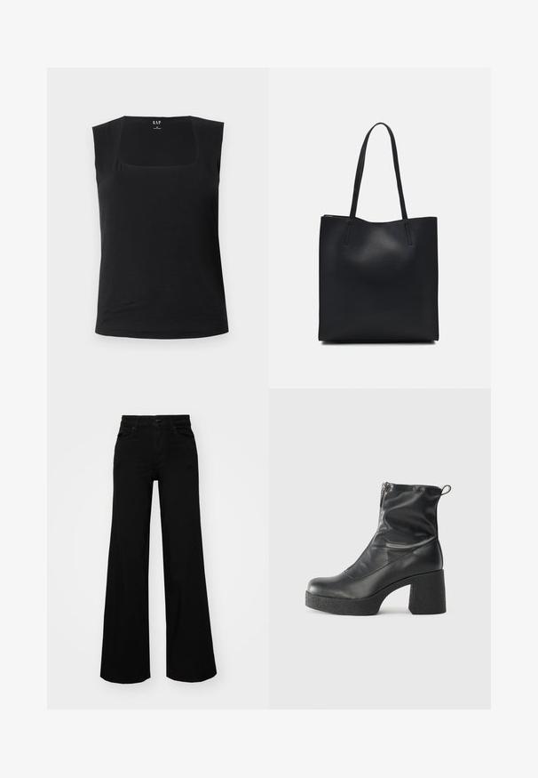 Czarna bezrękawnik z kwadratowym dekoltem. Wykonana z miękkiego materiału, ma dopasowany krój i gładką teksturę, idealna do warstwowania.; Czarne szerokie spodnie dżinsowe z usztywnionym pasem, szlufkami na pasek i kieszeniami z przodu. Gładka faktura o klasycznym fasonie.; Czarne botki za kostkę wykonane z gładkiej skóry, wyposażone w boczny zamek błyskawiczny, masywny teksturowany obcas oraz zaokrąglony czubek.; Czarna skórzana torba tote o gładkiej fakturze, prostokątnym kształcie i dwóch długich uchwytach. Brak widocznych elementów metalowych i ozdób.