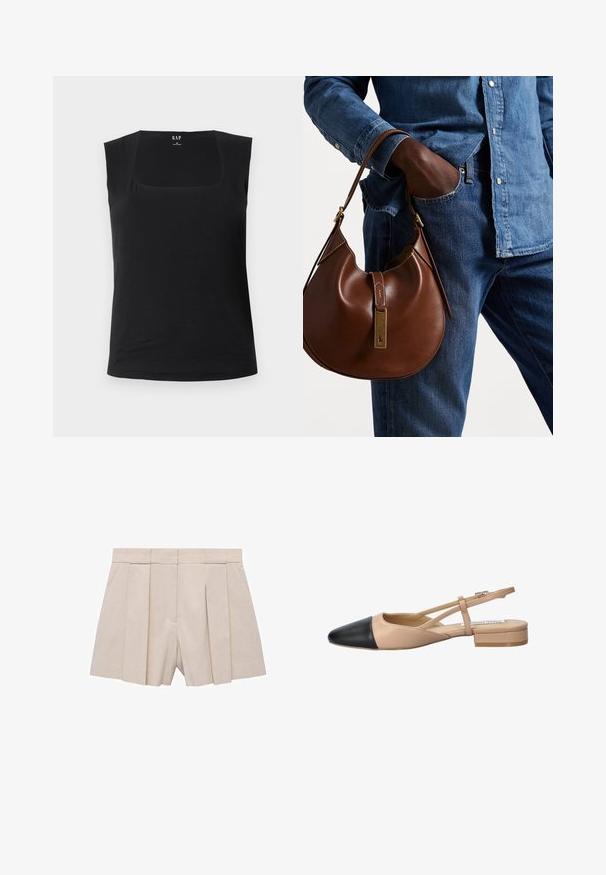 Top nero senza maniche con scollo quadrato. Realizzato in tessuto morbido, presenta una silhouette aderente e una texture liscia, adatta per essere indossato a strati.; Pantaloni beige plissettati con design sartoriale, caratterizzati da un alto vita e una texture morbida. Quattro plissettature frontali creano volume. Senza tasche.; Scarpa slingback bicolore beige e nera con punta affilata, tacco piatto e dettaglio a fascia incrociata. Texture in pelle liscia.; Borsa hobo in pelle marrone con una forma arrotondata, dotata di dettagli in hardware dorato e cuciture a contrasto. Abbinata a una camicia di jeans e a un paio di jeans.