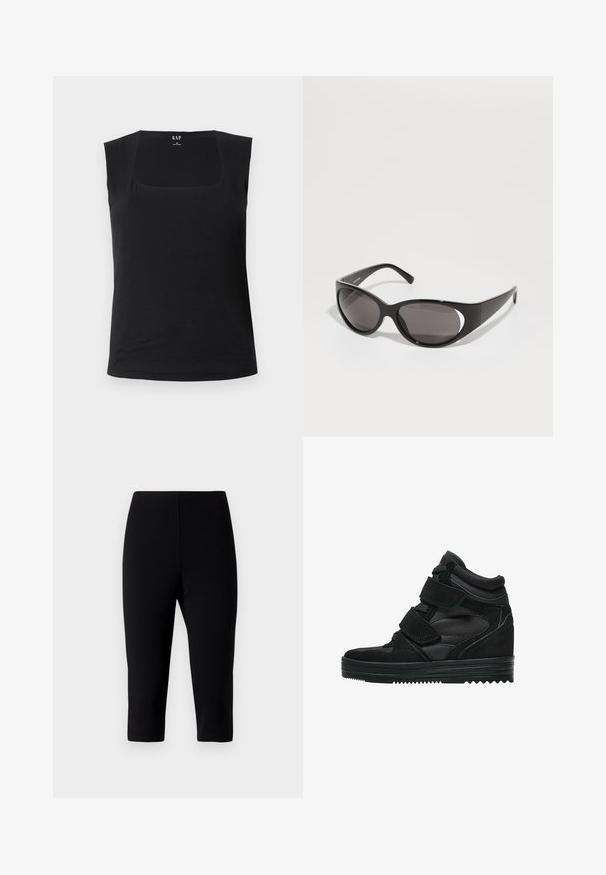 Top nero senza maniche con scollo quadrato. Realizzato in tessuto morbido, presenta una silhouette aderente e una texture liscia, adatta per essere indossato a strati.; Pantaloni capri neri realizzati in tessuto elasticizzato, con un design aderente che termina appena sotto il ginocchio, caratterizzati da una texture liscia e senza cuciture visibili.; Sneaker alte nere in suede e rete, dotate di cinturini in velcro, finitura liscia e suola in gomma testurizzata per una migliore aderenza.; Occhiali da sole neri con lenti ovali e un design elegante. Le montature sono lucide e larghe, con un dettaglio tagliato sui lati.; Borsa a spalla in tessuto marrone con un corpo ampio e arrotondato e una grande maniglia a taglio. Texture morbida, design minimalista e senza hardware visibile.