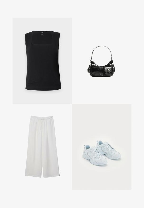 Črni brezrokavnik s kvadratnim izrezom. Narejen iz mehkega materiala, ima oprijet silhueto in gladko teksturo, primeren za plastenje.; Bele široke hlače iz lahkega materiala, ki imajo elastičen pas in vrvico za prilagajanje. Gladka tekstura.; Svijetloplave atletske cipele s mrežastim i sintetičkim gornjim dijelom, s bijelim točkicama i reflektirajućim detaljima, vezice, te jastučićima u unutrašnjosti.; Črna lakasta usnjena torbica s ukrivljeno obliko, enim ramenskim trakom, sprednjimi žepi in srebrnimi kovinskimi dodatki.