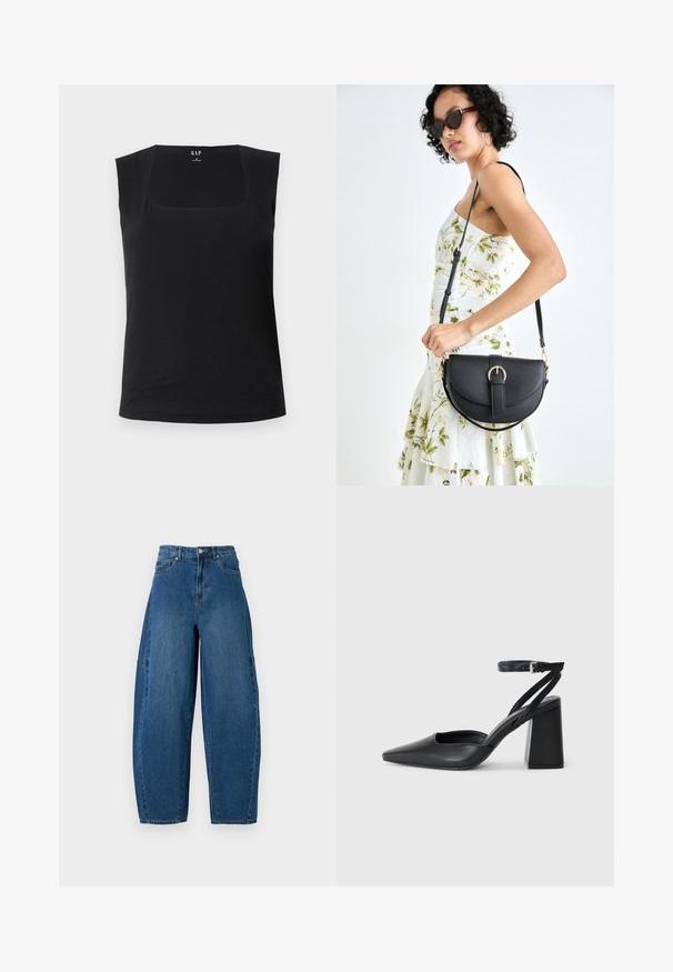 Haut sans manches noir avec un col carré. Fabriqué en tissu doux, il présente une silhouette ajustée et une texture lisse, idéal pour le superposition.; Jean en denim de teinte bleu moyen, présentant une taille haute, une coupe large et un design standard à cinq poches avec des détails de coutures visibles.; Escarpin noir en cuir à bout pointu avec une bride de cheville et un talon épais. Texture lisse, design élégant et esthétique minimaliste.; Sac à main en cuir noir avec une forme courbée, bandoulière amovible et des accessoires en or. Le sac est doté d'un rabat avec un détail de boucle.