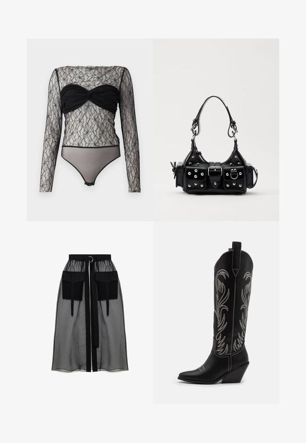 Hofmann Copenhagen PAULA - Majica z dolgimi rokavi - black; Črna prozorna krila z nabranim pasom, ki ima dva velika sprednja žepa, pas za zavezovanje in okroglo kovinsko dekoracijo.; Črne usnjene kavbojske čevlje s koničastimi prsti, klinastimi petami in srebrnimi vezeninami cvetnega vzorca po vsej dolžini. Kontrastno šivanje povsod.; Črna usnjena torbica s ukrivljenim dizajnom, ki vsebuje srebrne žebljičke, zaponko in dve stranski žepki. Nastavljiv trak za različne možnosti nošenja.