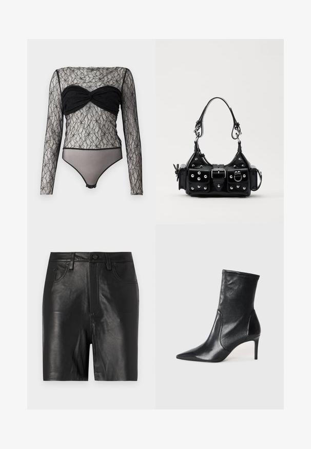 Hofmann Copenhagen PAULA - Majica z dolgimi rokavi - black; Črne usnjene hlače s gladko teksturo, ki imajo sprednji zadrgo, gumbasto zapiranje in klasičen dizajn s petimi žepi.; Črne gležnjarje iz gladke usnje, s koničastim nosom, oprijetim okovjem in ozkim visokim peto. Minimalističen dizajn brez vidnih kovinskih delov.; Črna usnjena torbica s ukrivljenim dizajnom, ki vsebuje srebrne žebljičke, zaponko in dve stranski žepki. Nastavljiv trak za različne možnosti nošenja.