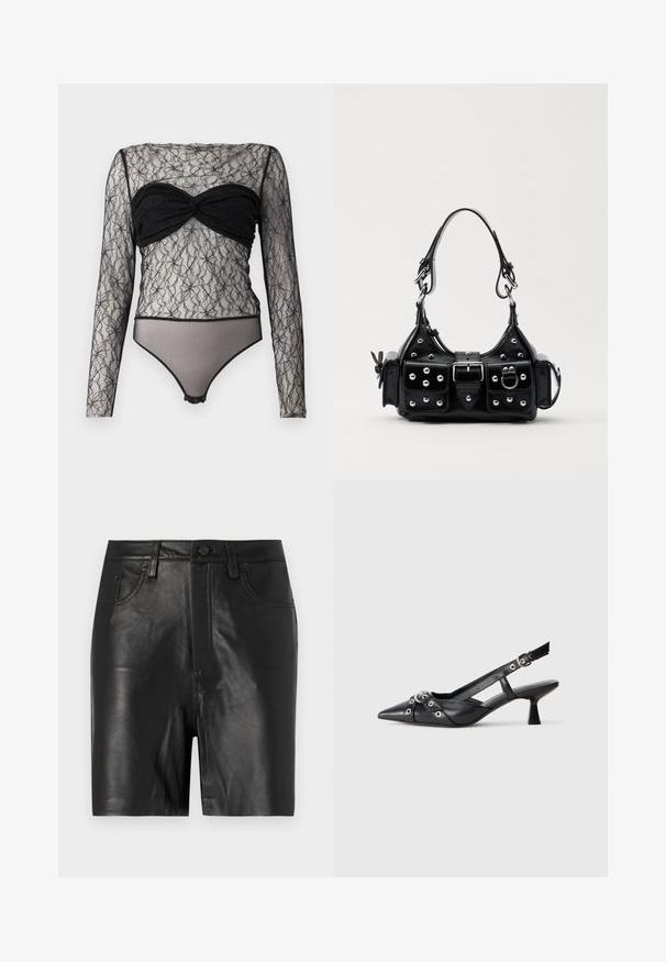Hofmann Copenhagen PAULA - Long sleeved top - black; Black leather shorts with a smooth texture, featuring a front zip, button closure, and classic five-pocket design.; Black leather slingback shoe with a pointed toe, decorative straps featuring metal eyelets, and a low block heel. Textured surface.; Black leather handbag with a curved design, featuring silver studs, a buckle, and two side pockets. Adjustable strap for carrying options.