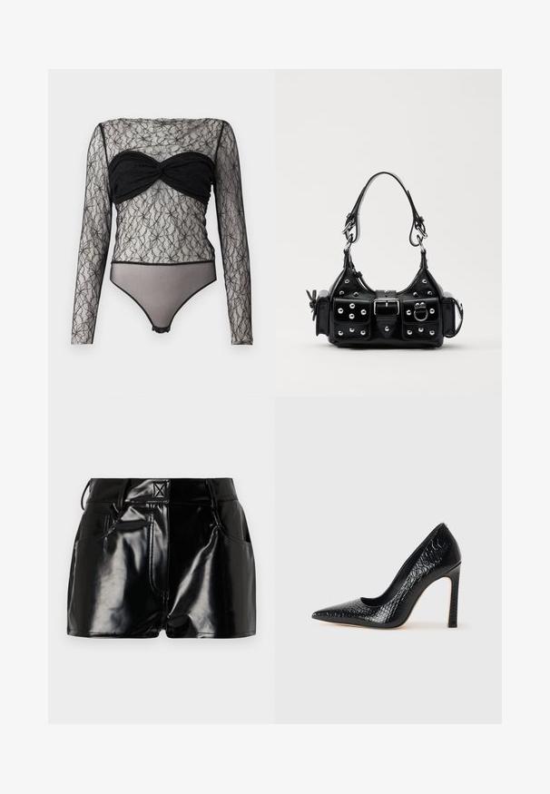 Hofmann Copenhagen PAULA - Ilgarankovis viršutinės dalies drabužis - black; Juodos, blizgios šortai, pagaminti iš sintetinės medžiagos. Turi prigludusią liemenį, diržo kilpas ir priekines kišenes su ryškiomis siuvimo detalėmis.; Juoda smailiakulnė aukšto kulno bateliai su krokodilo odos tekstūra, pasižymintys elegantišku dizainu, aukštu stiletu kulnu ir lygia juoda vidine dalimi.; Juodas odinis rankinukas su kreiviu dizainu, su sidabro spalvos knopkėmis, užsegimu ir dviem šoninėmis kišenėmis. Reguliuojama dirželis nešimui.