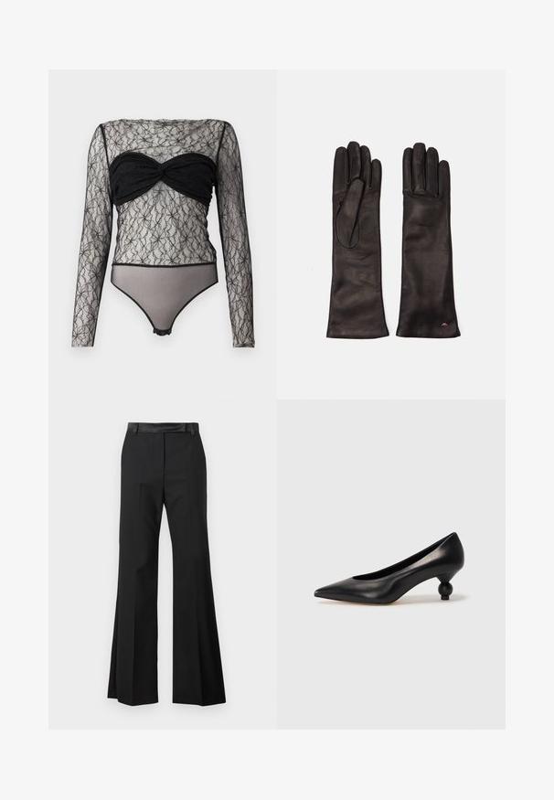Hofmann Copenhagen PAULA - Pikkade varrukatega topp - black; Mustad laiad püksid siledast kangast viimistlusega, millel on kindel vööpoolsus ja pressitud kortsud, et saavutada kvaliteetne välimus.; Must musta kõrge kontsaga king, millel on terav nina ja ümar, pallikujuline konts. Sile pind ja elegantne, minimalistlik disain.; Weekend Max Mara SENAPE - Sõrmkindad - nero