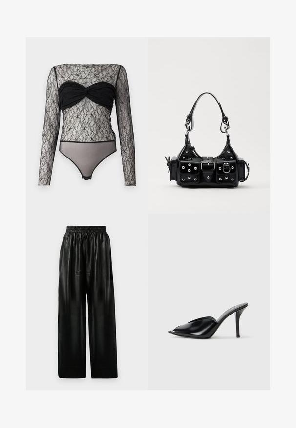 Hofmann Copenhagen PAULA - Long sleeved top - black; Black leather wide-leg pants with an elastic waistband, featuring two side pockets and a smooth, shiny texture.; Black leather high-heeled mules with an open toe, pointed design, smooth texture, and a slim stiletto heel.; Black leather handbag with a curved design, featuring silver studs, a buckle, and two side pockets. Adjustable strap for carrying options.