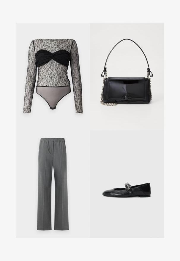 Hofmann Copenhagen PAULA - Long sleeved top - black; Gray wide-leg trousers with an elastic waistband, made from a textured fabric featuring a subtle weave pattern.; Black leather ballet flats with a pointed toe, featuring a strap with a circular metallic buckle and a flat sole.; Black patent leather handbag with a rectangular shape, chain strap, and a distinctive hardware accent in the center. Smooth texture.