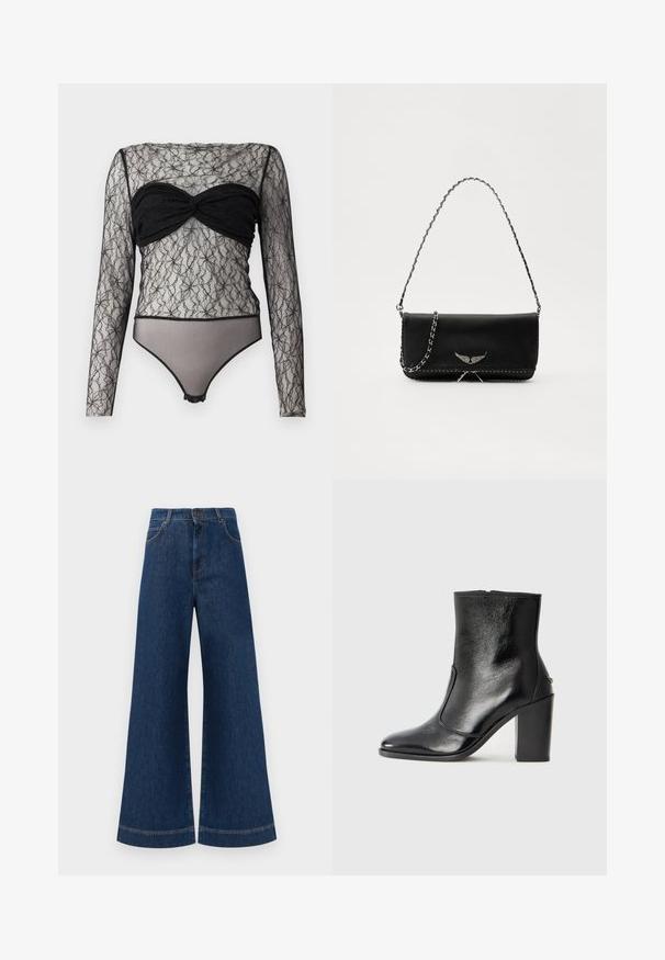Hofmann Copenhagen PAULA - Ilgarankovis viršutinės dalies drabužis - black; Plati mėlynos džinsinės kelnės su aukštu liemeniu, turinčios mygtukų užsegimą, diržo kilpas ir subtilius siuvinėjimo akcentus ant kišenių bei apdailos.; Juodas odinis kulkšninis batas su lygiu paviršiumi, smailiu pirštu ir masyviu aukštu kulnu. Savybė - šoninis atidarymas ir minimalistiškas dizainas.; Juodas odinis delninukas su sidabro spalvos grandinele, papuoštas dekoratyviniais sparnų akcentais ir balta siūle apačioje.