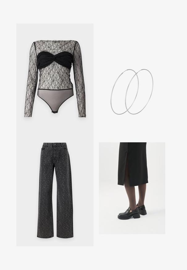 Hofmann Copenhagen PAULA - Tops ar garām piedurknēm - black; Noisy May NMJANNEL LOOSE - Brīva piegriezuma džinsi - black denim; Melni ādas apavi ar noapaļotu purngalu, biezām bloku papēžiem un elastīgiem sānu akcentiem, apvienoti ar tumšām zeķubiksēm un melnu svārku ar šķirbu.; Sudraba gredzenveida auskari ar minimālistisku dizainu. Cirkulāra forma, gluda tekstūra un plāns profils. Vieglu svaru ar spīdīgu apdari.