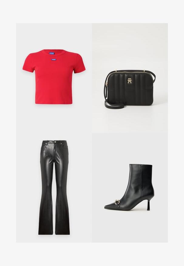 Röd kortärmad figurnära T-shirt i ribbat material med rund halsringning, prydd med en blå HUGO-logotyp broderad framtill.; Svarta läderbyxor med utsvängd benform, som har en slät yta, fem fickor, knappstängning framtill och en åtsittande silhuett genom låren.; Svart läderankelboot med spetsig tå, smal medelhög klack och silverfärgad spänndetalj på sidan mot en enfärgad bakgrund.; Svart vadderad crossbody-väska i syntetmaterial med hardware i guldton, med dragkedjestängning och logotypdetalj på framsidan.