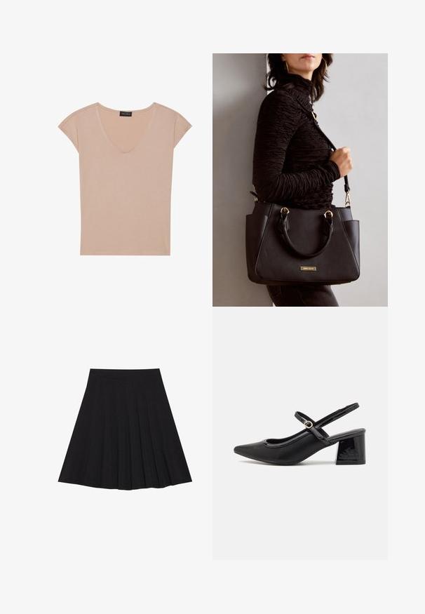 Béžové tričko s V-výstrihom a krátkymi rukávmi, vyrobené z jemnej tkaniny. Hladká textúra, jednoduchý dizajn a dokončené s čistými okrajmi.; Čierna plisovaná sukňa vyrobená z textúrovanej látky s priliehavým pásom. Padá do dĺžky po kolená a má hladký, čistý siluetu.; Čierne lakované kožené lodičky so slingback dizajnom, špicatou špičkou, zaobleným výrezom a blokovým podpätkom. Obsahuje akcent zlatého tónu s prackou.; Čierna kabelka s textúrovaným povrchom, dvojitými hornými rúčkami a nastaviteľným ramenným popruhom. Obsahuje zlaté kovanie a bočné vrecká.