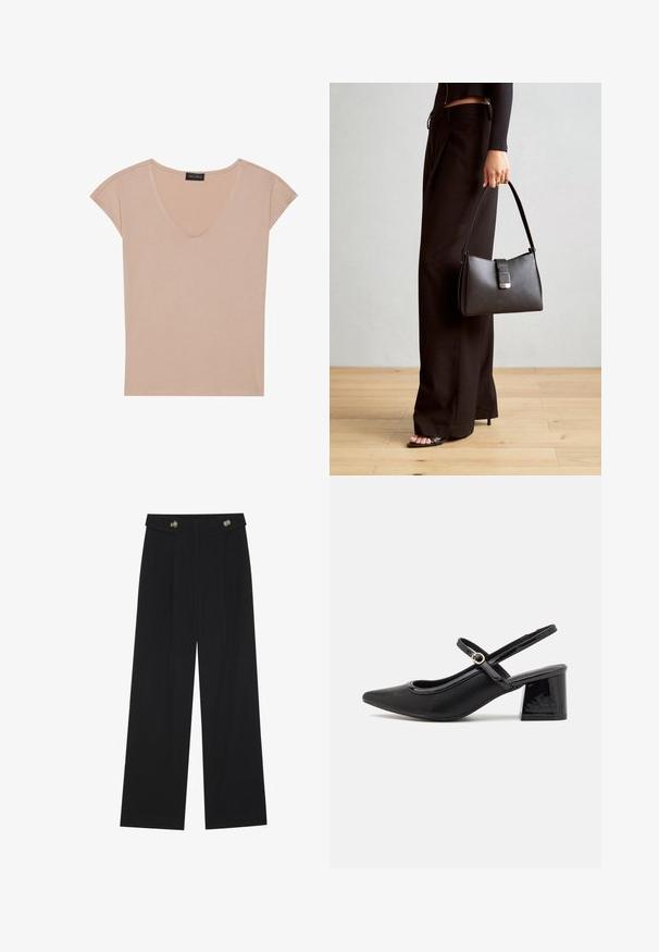 Beige V-hals t-shirt met korte mouwen, gemaakt van zacht materiaal. Gladde textuur, eenvoudig ontwerp en afgewerkt met nette randen.; Zwarte wijde broek met hoge taille, knoopdetails op de tailleband en plooien aan de voorkant.; Zwarte gepolijste leren slingback hakken met een spitse neus, een ronde uitsnede en een blokhak. Voorzien van een gouden gespaccent.; Zwarte handtas met gestructureerde vorm, gladde textuur en een metalen sluiting. Gecombineerd met brede zwarte broeken en sandalen met open teen op een houten vloer.