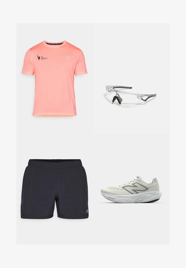Lettvekts, kortermet løpe skjorte i lys rosa, med teksturfinish, New Balance-logo og trykk av "TCS New York City Marathon 2025".; Sorte idrettsshorts med elastisk liv, lett materiale og en diskret logo nederst til venstre. Glatt tekstur.; Løpesko i hvitt med grå detaljer. Mesh-overdel, teksturert såle og fremtredende "N"-logo. Har en polstret krage og "Fresh Foam"-merkelapp.; Klare sikkerhetsbriller med en lett, gjennomsiktig ramme og grå detaljer. Har en innpakket design og justerbar nesestykke.