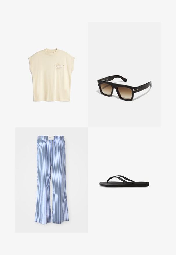 Kremowa, oversize koszulka z krótkim rękawem, z haftowanym wzorem ptaka po lewej stronie piersi w neutralnych odcieniach.; Niebieskie i białe spodnie w paski o luźnym kroju, wykonane z lekkiego materiału, z elastycznym pasem i dyskretną metką z logo.; Czarne klapki z teksturowaną gumową podeszwą, dwiema smukłymi paskami oraz subtelnym, wytłoczonym logo na pasku.; Okulary przeciwsłoneczne w kolorze żółwia z kwadratową ramą, gradientowymi brązowymi soczewkami i subtelnymi złotymi akcentami na zausznikach.; Brązowa zamszowa torba na ramię z dwoma miękkimi uchwytami, pionowym paskiem z srebrnym akcentem i szerokim, otwartym wnętrzem. Gładka faktura, minimalistyczny design.