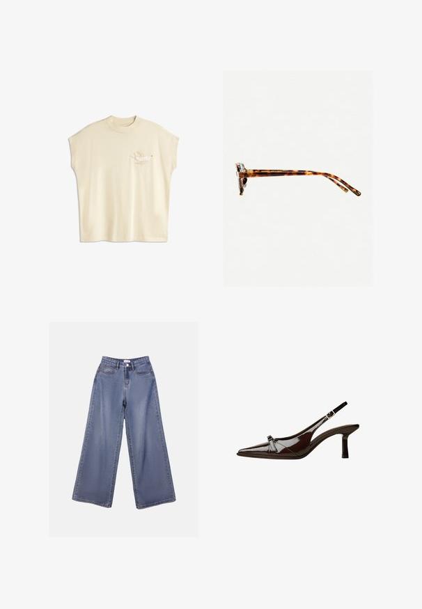 Cremfarbendes, übergroßes T-Shirt mit kurzen Ärmeln, das auf der linken Brust ein besticktes Vogeldesign in neutralen Tönen aufweist.; Weite Denim-Jeans in einer hellblauen Wäsche, mit hoher Taille, Fronttaschen und einem Knopfverschluss mit Gürtelschlaufen.; Braune Lackleder-Slingback-Schuhe mit spitzem Zehenbereich, niedrigem Absatz und einer dekorativen Schleifenakzent an der Vorderseite. Glatte, glänzende Textur.; Schildpatt-Sonnenbrille mit dickem Rahmen, leicht gebogenen Bügeln und glatter Textur. Sie präsentiert ein klassisches Design mit glänzender Oberfläche.; Braune Leder-Crossbody-Tasche mit geschwungener Form, goldfarbenen Beschlägen und einer Schnallenakzentuierung. Verfügt über einen abnehmbaren Schultergurt.