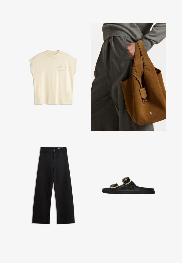 Krémeovo zafarbené veľké tričko s krátkymi rukávmi, s vyšívaným motívom vtáka na ľavej hrudi v neutrálnych odtieňoch.; Čierne denimové nohavice s širokými nohavicami a vysokým pásom, so prednými a zadnými vreckami, šitými švami a zapínaním na gombík. Hladká textúra.; Čierne šľapky s dvoma zlatými prackami, hladký textúrovaný materiál, plochá podrážka a minimalistický dizajn.; Hnedá semišová taška s okrúhlym tvarom, dvojitými uchami a kovovým detailom. Na prednej strane je malá značka.