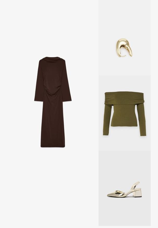 Olivnozeleni off-shoulder dolgimi rokavi top z gubami, izdelan iz mehkega blaga, z oprijetim krojem in ravnim robom.; Rjava dolga obleka z dolgimi rokavi, izdelana iz mehke tkanine, z drapirano cowl vratom in zloženjem na pasu, ki se razliva do tal.; Zlati, kovinski slingback čeveljci z ostrim nosom in masivnim peto. Gladka tekstura, minimalistična zasnova in ozka zanka.; Črna usnjena torbica s ukrivljeno obliko, z odstranljivo naramnico in zlatimi dodatki. Torbica ima pokrov s podrobnostmi v obliki zaponke.; Uhane nakit iz zlatastega tona z gladko, ukrivljeno zasnovo. Ima edinstveno koničasto obliko, polirano površino in zaponko s tečajem.