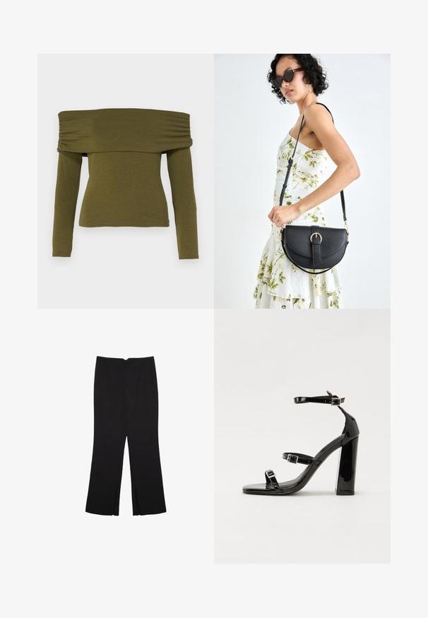Maslinastozeleni top s dugim rukavima i otvorenim ramenima, ukrašen naborima, napravljen od mekog materijala, s uskim krojem i ravnim rubom.; Crne hlače ravnog kroja, s prednjim džepovima i bočnim prorezima na rubu. Izrađene od mekog i glatkog materijala. Pogodne za razne prigode.; Crne lakirane sandale na visoku petu s dva remena s kopčama, kvadratnim vrhom i masivnom blok petom, s glatkom, sjajnom teksturom.; Crna kožna torba s lukovitim oblikom, odvojivim remenom i zlatnim detaljima. Torba ima preklop s kopčom.