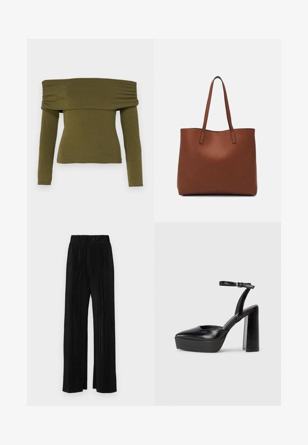 Olíva zöld, vállnál nyitott, hosszú ujjú felső, redőzött részletekkel, puha anyagból készült, testesített sziluettel és egyenes aljjal.; Fekete pliszírozott nadrág gumis derekkal. Széles lábakkal rendelkezik, sima, texturált anyagból készült, függőleges csíkokkal.; Fekete platform magassarkú cipők hegyes orral és állítható bokapánttal. Sima bőrből készült, vastag talppal.; Barna bőr vászontáska sima textúrával, nyitott tetejű dizájnnal és két vállpánttal. Minimális varrással és látható hardver nélkül készült.