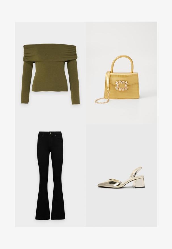 Olive green off-shoulder long-sleeve top with ruched detailing, made of soft fabric, featuring a fitted silhouette and a straight hem.; Black high-waist jeans with a button and zip closure, front pockets, and flared legs laid flat on a white background.; Gold, metallic slingback heels with a pointed toe and chunky heel. Smooth texture, minimalistic design, and a narrow strap.; Yellow faux-crocodile handbag with a structured design, top handle, detachable chain strap, and decorative crystal embellishment on the clasp.