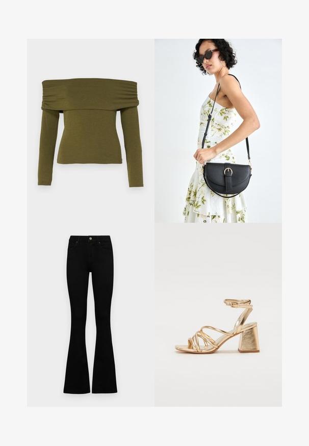 Olive green off-shoulder long-sleeve top with ruched detailing, made of soft fabric, featuring a fitted silhouette and a straight hem.; Black high-waist jeans with a button and zip closure, front pockets, and flared legs laid flat on a white background.; Gold metallic heeled sandals featuring a strappy design, square block heel, and adjustable ankle strap with a buckle. Smooth texture.; Black leather handbag with a curved shape, detachable strap, and gold hardware. The bag features a flap with a buckle detail.