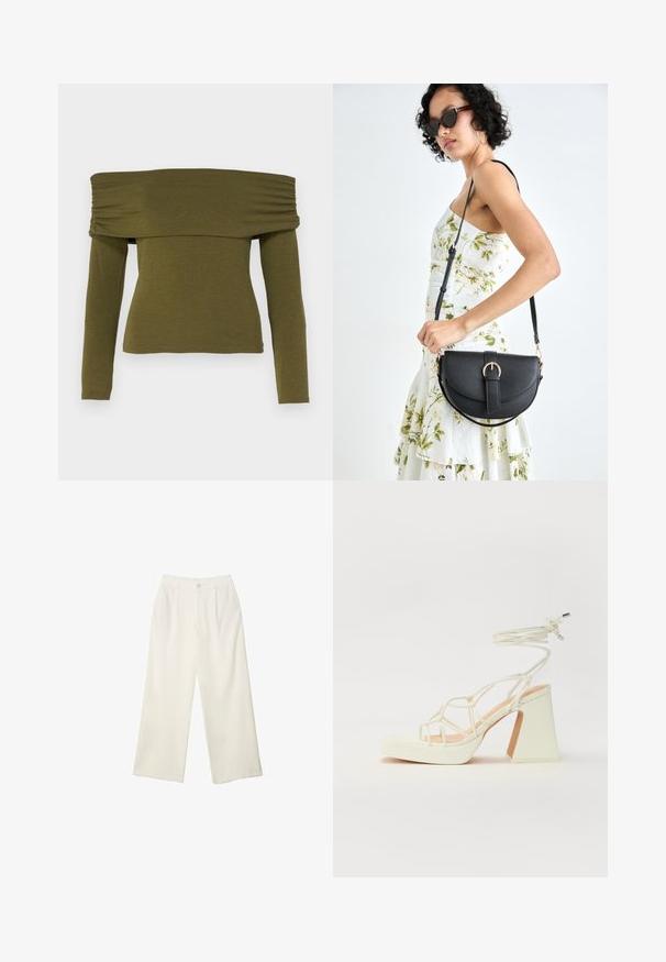 Maslinastozeleni top s dugim rukavima i otvorenim ramenima, ukrašen naborima, napravljen od mekog materijala, s uskim krojem i ravnim rubom.; Hlače širokih nogavica od kremaste tkanine s glatkom teksturom, s jednim prednjim gumbom, suptilnim plitvicama i visokim strukom.; Bijela sandala na visokoj potpetici s debelim petom, s remenom i vezanjem oko gležnja. Glatka tekstura s platformom sprijeda za dodatnu visinu.; Crna kožna torba s lukovitim oblikom, odvojivim remenom i zlatnim detaljima. Torba ima preklop s kopčom.