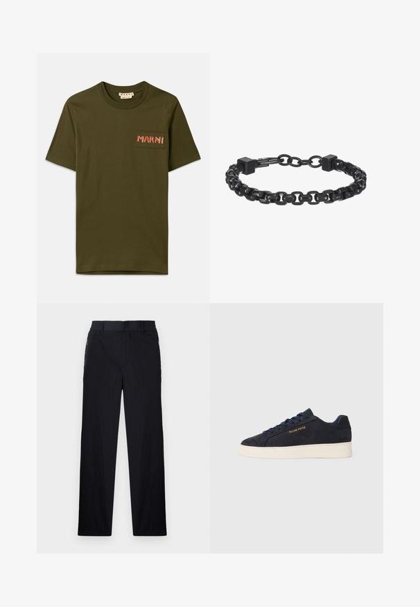 Olive green cotton t-shirt with a crew neck, featuring a small patch pocket and embroidered "MARNI" in red stitching.; Black trousers featuring a lightweight, textured fabric, straight-leg design, elastic waistband, and side zip pockets.; Navy blue suede low-top sneaker with white sole, navy laces, and "Filling Pieces" logo in gold on the side.; Black metal chain bracelet featuring interlocking links, square accents, and a smooth texture. Adjustable design for fit.